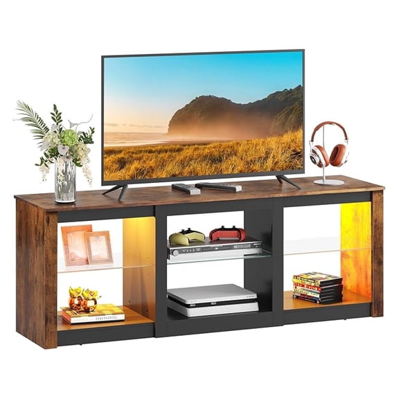 HHBEAUTY LED TV Stand for 65 Inch TV, Modern Entertainment Center with Adjustable Glass Shelves & Customizable LED Lights, Sturdy Media Console for Living Room, Bedroom,Gaming (Brown)