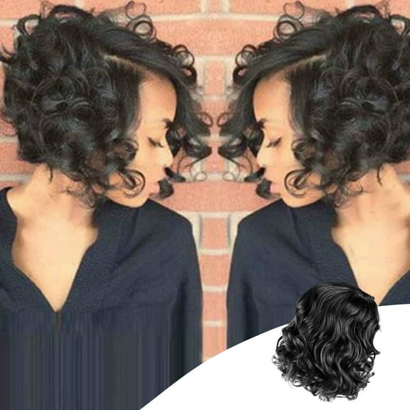 HHBEAUTY Layered Short Wavy Bob Wig Black Curly Wigs for Women Side Part 13.7 inch Heat Synthetic Wig