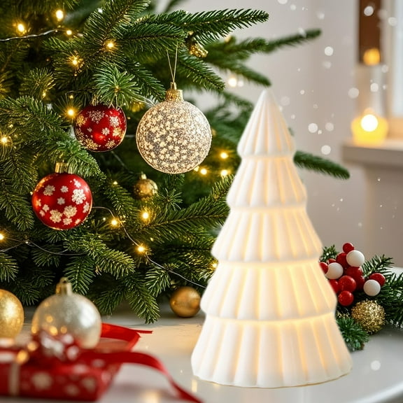 HHBEAUTY Lighted Ceramic Christmas Tree Decor Small White Christmas Trees with Lights Xmas Tree Figurines for Tabletop Mantel Shelf Fireplace Holiday Decorations for Home and Gift