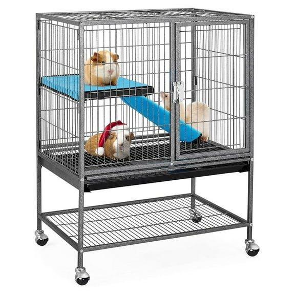 HHBEAUTY Metal Rolling Cage for Adult Rats/Ferrets/Chinchillas Small Animal Cage w/Removable Ramp & Platform Black