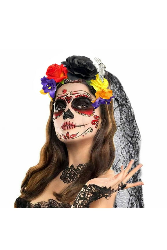 Mexican Day of the Dead Veil Headband Floral Crown Rose Flower Dead Skull Headpiece For Halloween Masquerade Party