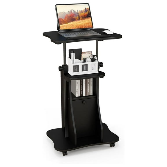 HHBEAUTY Mobile Podium Stand, Sit-to-Stand Laptop Cart with Tilting Tabletop & Storage Cabinet, Lockable Casters, Height-Adjustable Rolling Lectern for Classroom, Church, Home Office (Black, 1 Pack)