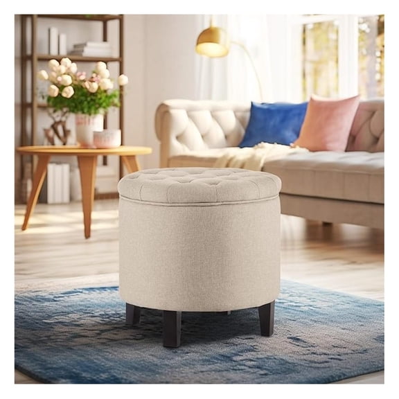 HHBEAUTY Modern Button Tufted Accent Storage Ottoman, Small Upholstered Circle Pouf Footstool with Lift Top, for Bedroom, Living Room or Vanity (Beige)