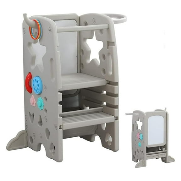 HHBEAUTY® Multifunctional Kids Step Stool w/Double Safety Rails, Height Adjustable, Toddler Tower for Kitchen Countertop and Bathroom w/Drawing Board & Storage (OMLT-Grey)