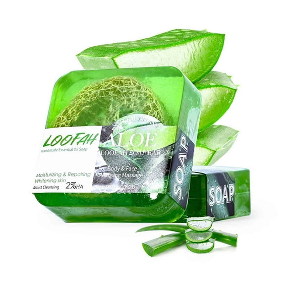 HHBEAUTY Natural Loofah Soap Bar - Aloe Vera Scent - Exfoliating and Moisturizing Handmade Soap, Deep Cleaning, Perfect for Skin Care