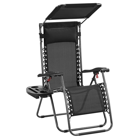 HHBEAUTY Outdoor Zero Gravity Chair Foldable Recliner Adjustable Patio Lounge w/Canopy Shade, Side Cup Holder Tray, Carry Strap for Garden Beach Lawn Deck Black/1