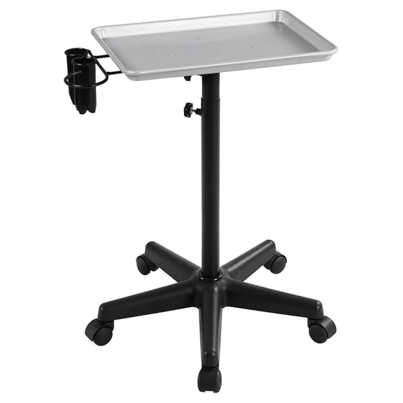 HHBEAUTY Rolling Salon Tray - Aluminum Trolley Cart Equipment on Wheels & Adjustable Height Mobile Beauty Salon Spa Stools Service Instrument Storage Tray w/Accessory Caddy - Silver