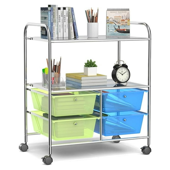 HHBEAUTY Rolling Storage Cart with 4 Drawers, Utility Cart on Wheels w/2 Shelves & Metal Frame, Paper Scrapbook File Organizer for Home Office School Classroom, Movable Art Craft Cart (Green)