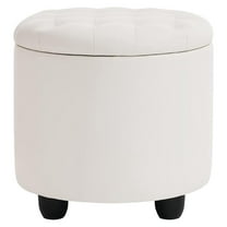 HHBEAUTY Round Storage Ottoman with Cover Lid Tufted, 19" Round Ottoman with Storage Faux Leather Ottomans for Living Room Bedroom Dorm (Ivory White)