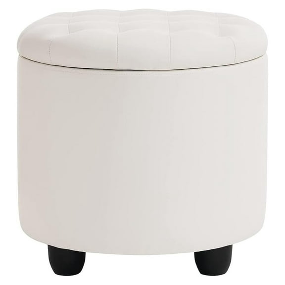 HHBEAUTY Round Storage Ottoman with Cover Lid Tufted, 19" Round Ottoman with Storage Faux Leather Ottomans for Living Room Bedroom Dorm (Ivory White)