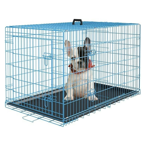 Qtypgm Small Dog Crate Kennel 24 inches Metal Dog Cage Double-Door Folding Travel Indoor Outdoor Puppy Playpen with Divider and Handle Plastic Tray,Blue