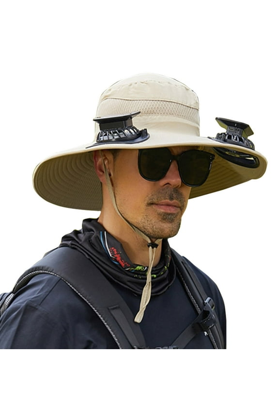 Solar Fan Hat, Wide Brim Sun Hat with 2 Solar Fan, Hat with Solar Fans Built in, Fishing Hat with Fan for Men, Waterproof Outdoor Hiking Camping Fishing Hat Grey, Khaki