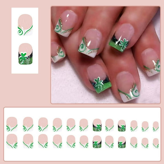 HHBEAUTY St.Patrick's Day Press on Nails Green Golden Glitter Gradient Fake Nails with Green Shamrock Design Sparkly False Nails Full Cover Acrylic Nails Stick on Nails for Women Nails Manicure 24Pcs