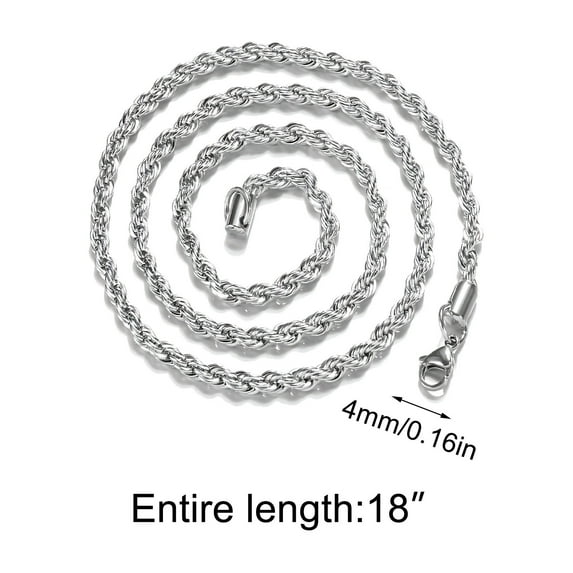 HHBEAUTY Stainless Steel Chain 925 Silver Rope Chains 4mm Twist Rope Necklace 18 Inch, Stainless Steel Rope Jewelry for Men & Women