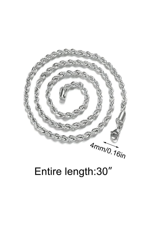 Stainless Steel Chain 925 Silver Rope Chains 4mm Twist Rope Necklace 30 Inch, Stainless Steel Rope Jewelry for Men & Women