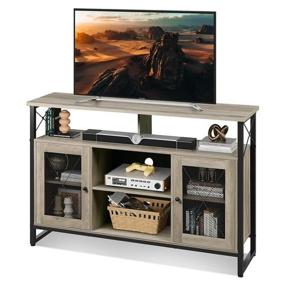 HHBEAUTY TV Stand 55 inch TV, Tall Entertainment Center and Industrial TV Console Cabinet with Storage for Bedroom Living Room, Greige