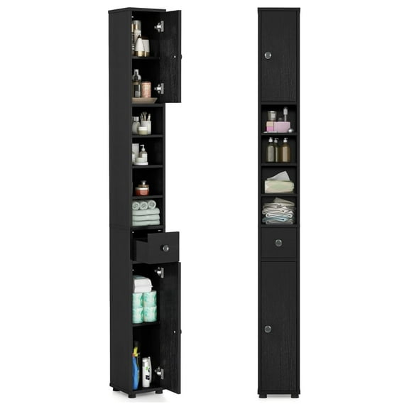 HHBEAUTY Tall Slim Bathroom Storage Cabinet, 71" Freestanding Bathroom Cabinet w/ 2 Doors, 1 Drawer & 5 Adjustable Shelves, Floor Narrow Tower Cabinet for Small Spaces, 8" x 8" x 71" (Black)