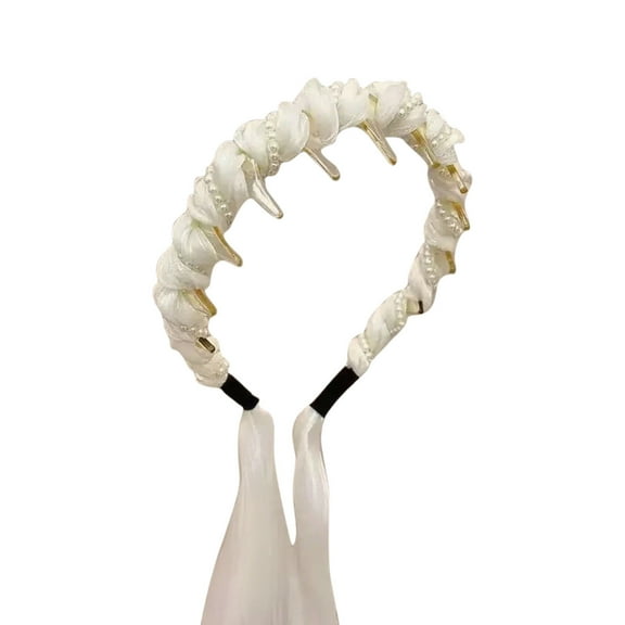 HHBEAUTY Vintage Chiffon Ribbon Pearl Hairband for Women - Fashionable Elegant Pearl High Cranium Headband with Teeth, Non-Slip Bridal & Wedding、Party Hair Accessory Headbands