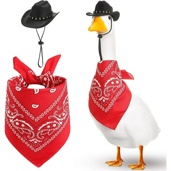 HHBEAUTY Western Cowboy Porch Goose Outfits for 23"/ 17'' Lawn Cement Goose Statue Clothes Cowboy Hat with Bandana Scarf for Garden Decoration Party Patio Yard Outdoor(Black, Red)