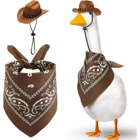 HHBEAUTY Western Cowboy Porch Goose Outfits for 23"/ 17'' Lawn Cement Goose Statue Clothes Cowboy Hat with Bandana Scarf for Garden Decoration Party Patio Yard Outdoor(Brown)