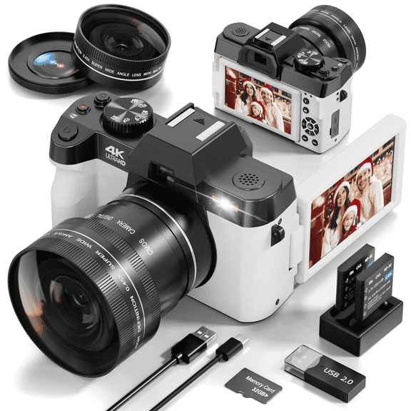HHD 4K 48MP Vlogging Digital Camera,180° Flip Screen,Auto Focus,16X Zoom,WiFi,32GB TF Card & Full Accessories,White