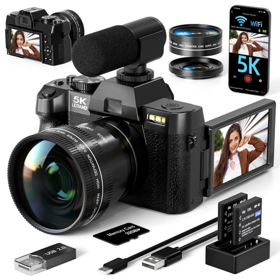 HHD 5K 48MP Autofocus Digital Vlogging Camera,180 Flip Screen,WiFi,16X Zoom,Wide Macro Lens,32GB TF Card & Full Accessory Kit,Black