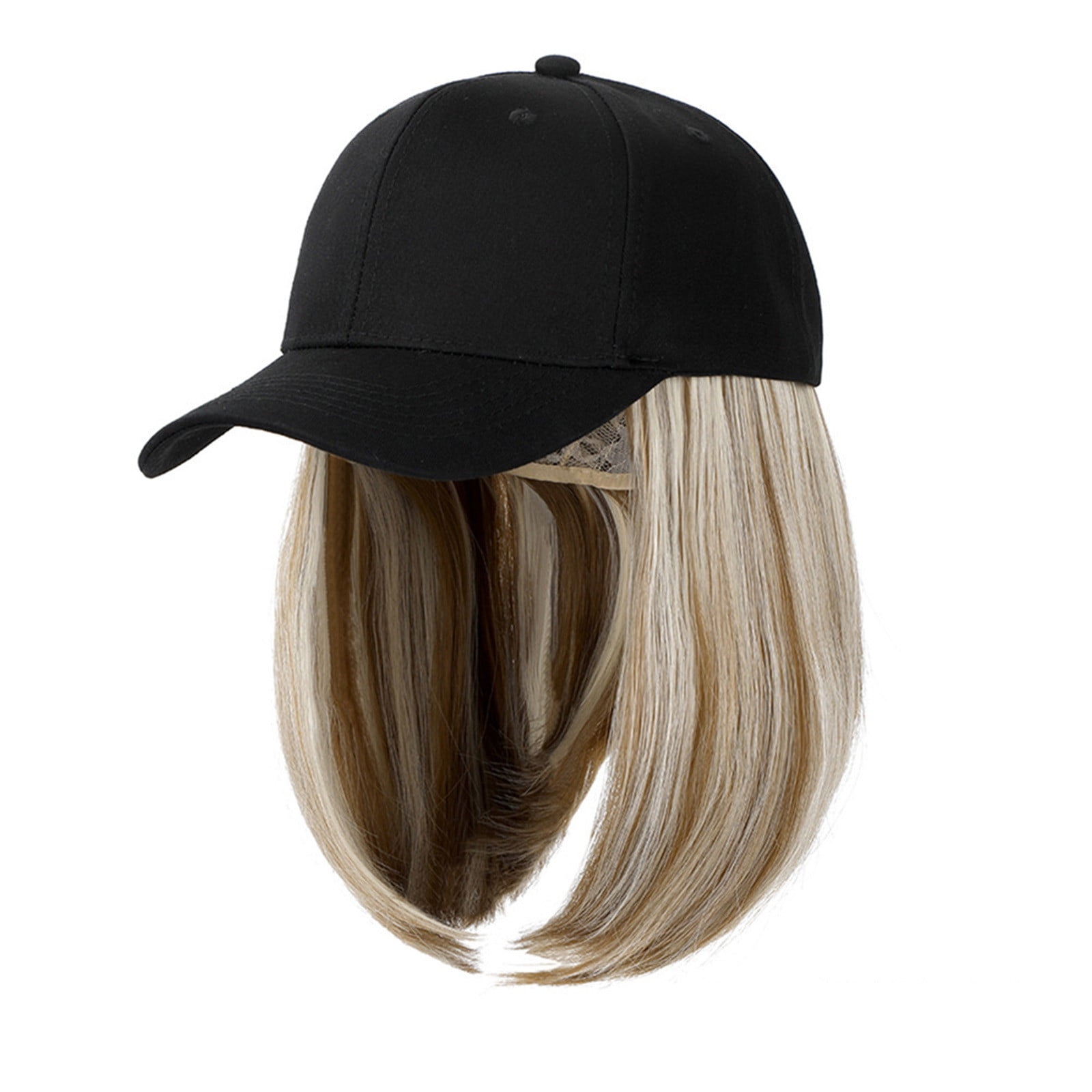 HHEN Baseball Cap Wigs For Women Black Hat With Bob Hair Extensions