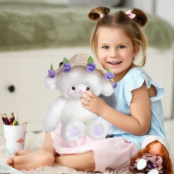 HHGBAD Cute Lamb Plush Pillow with Rose Bouquet Hat, Soft Fluffy Stuffed Toy, Adorable Decorative Pillow, Cozy Hugging Companion, Perfect Gift for All Ages, Whimsical Room Accent