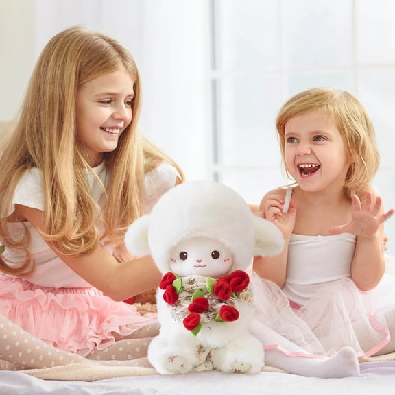 HHGBAD Cute Lamb Plush Pillow with Rose Bouquet Hat, Soft Fluffy Stuffed Toy, Adorable Decorative Pillow, Cozy Hugging Companion, Perfect Gift for All Ages, Whimsical Room Accent