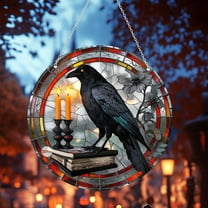 HHGBAD Halloween Acrylic Crow Pendant - 7.87 Inch Round Wall Hanging Decor with Metal Chain for Festive Home Decoration
