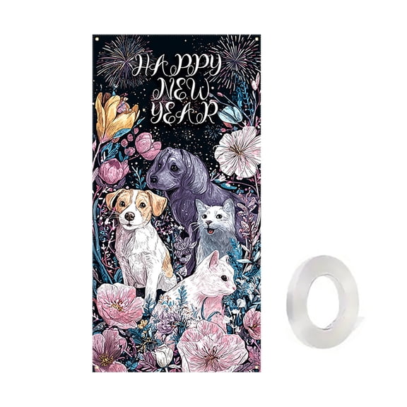 HHGBAD Happy New Year Door Cover, Fabric Tapestry, Holiday Decoration, Festive Party Decor, Indoor Outdoor Use, Easy Installation, Ideal for New Year Celebrations, Winter Events
