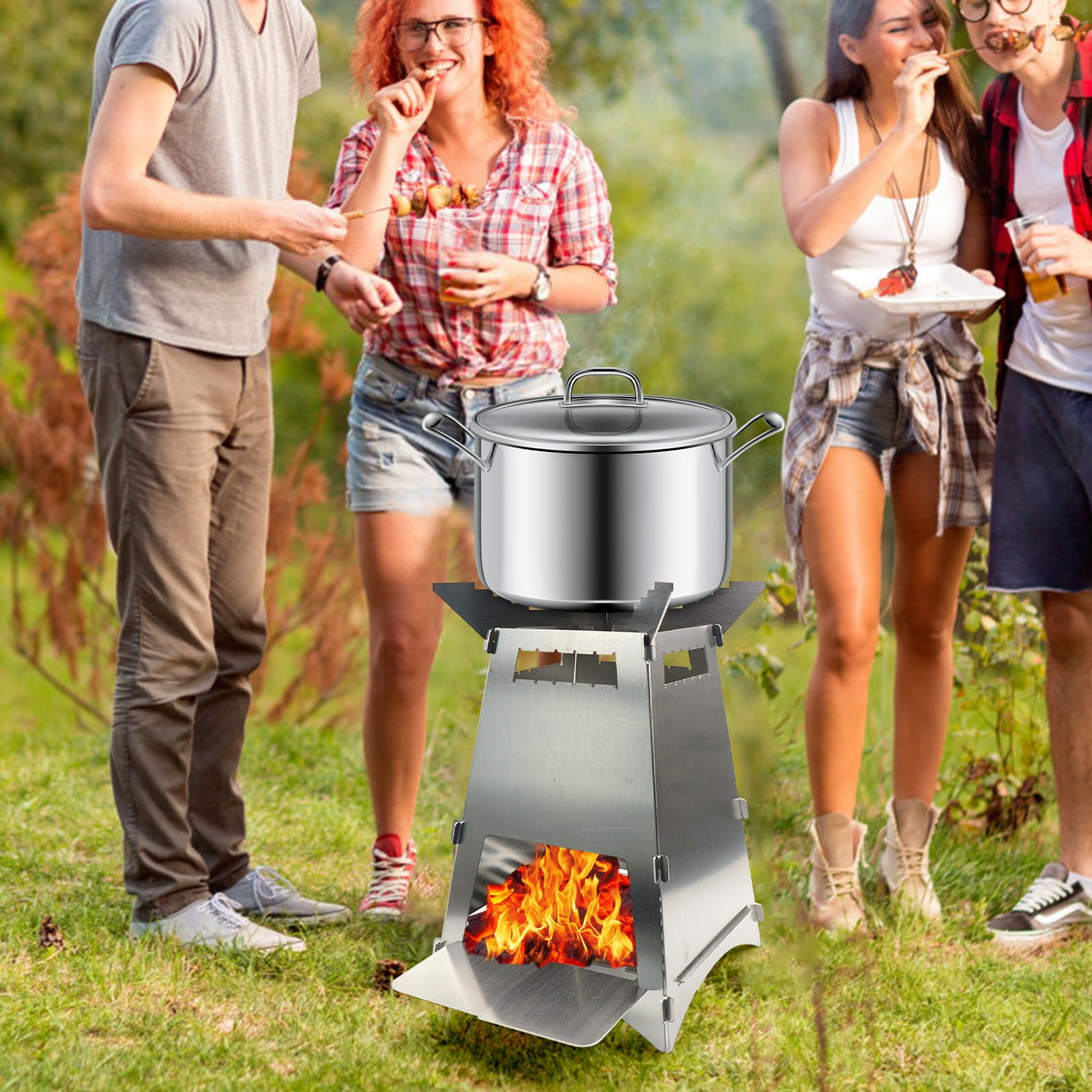 HHGBAD Stainless Steel Portable Folding Wood/Charcoal Stove, Camping BBQ Picnic Stove, Efficient Combustion, Stable Structure