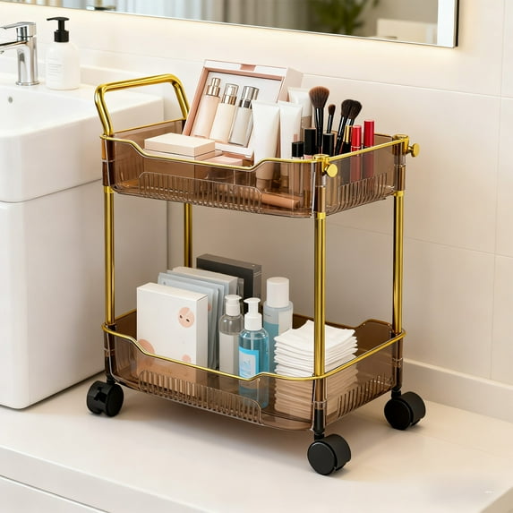 HHGBAD Two Tier Rolling Cart, Transparent Plastic Storage Cart, Multi-functional Organizer, Lockable Wheels, Ideal for Kitchen, Office, Bedroom, and Living Room