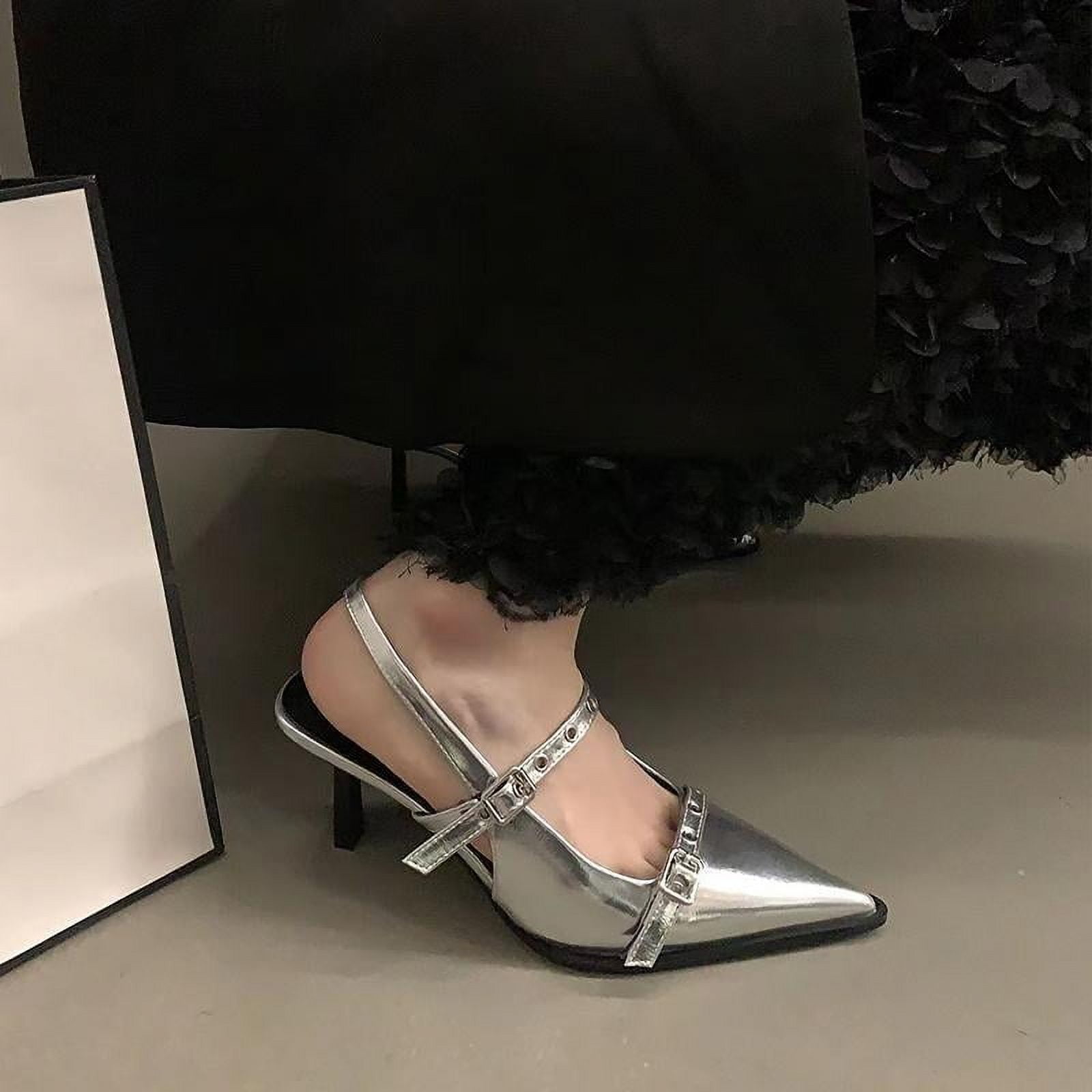 HHH Cowhide Version ~ Kitten Heel Silver High Heels Pointed Toe French