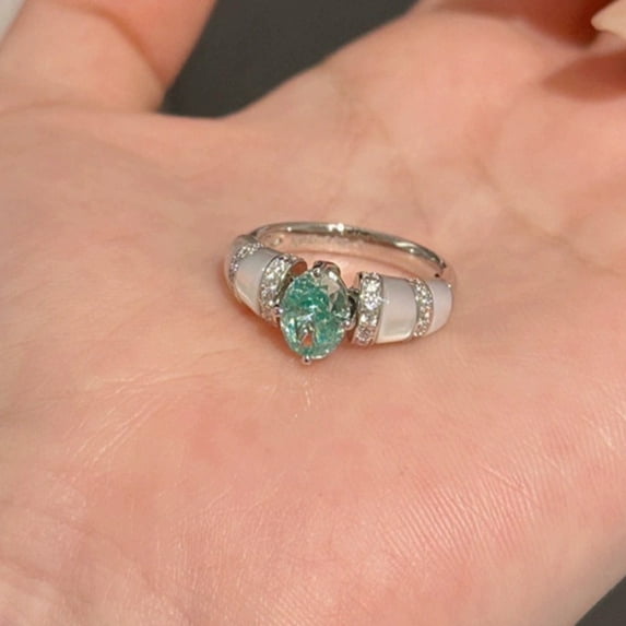 HHH S925 Sterling Silver Mid-Ancient Style Diamond-Embedded Parai Double Row Tourmaline Mint Green and White Fritillary Ring Women's Basketball Color Ring