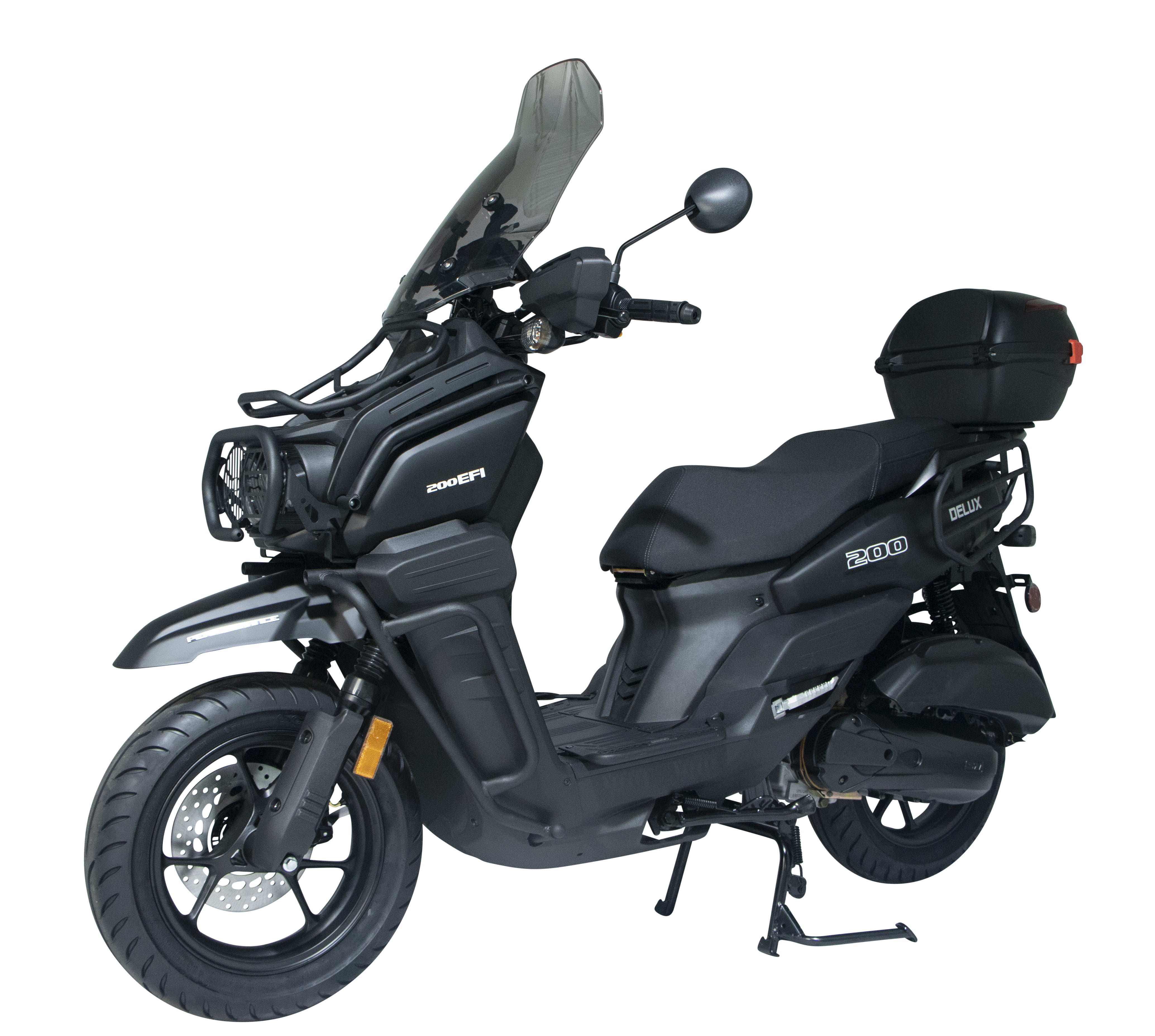 HHH Tank 200 DLX EFI Scooter Tank 200 EFI Scooter 200cc motorcycle 13 inch wheels Fully Automatic, Windshield and Matching Rear Trunk ( Black )