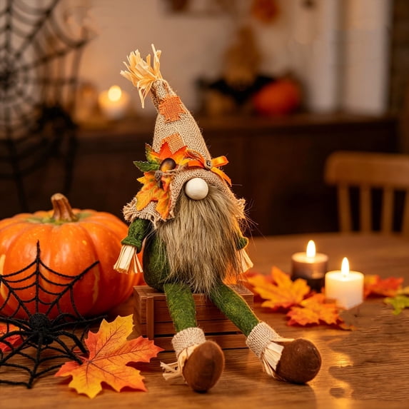 HHJZPR 10.24in Burlap Maple Leaf Fall Gnome Plush Doll, Harvest Scarecrow Faceless Dangle-Leg Gnome Tabletop Decor for Thanksgiving & Halloween