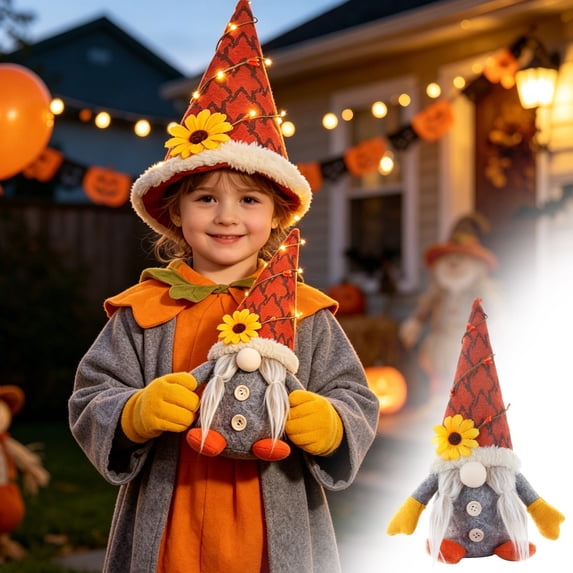 HHJZPR 11in Fall Harvest Lighted Gnome Plush Doll, Sunflower Decor Thanksgiving Autumn Gnome Tabletop Ornament, Farmhouse Halloween Harvest Dwarf Figurine with LED String Lights