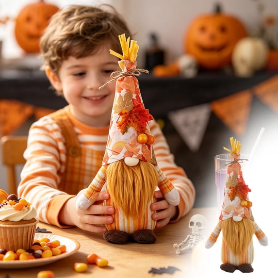 HHJZPR 14.17in Fall Maple Leaf Scarecrow Gnome Plush Figurine, Autumn Harvest No-Face Gnome Tabletop Ornament for Thanksgiving Farmhouse Window Decor