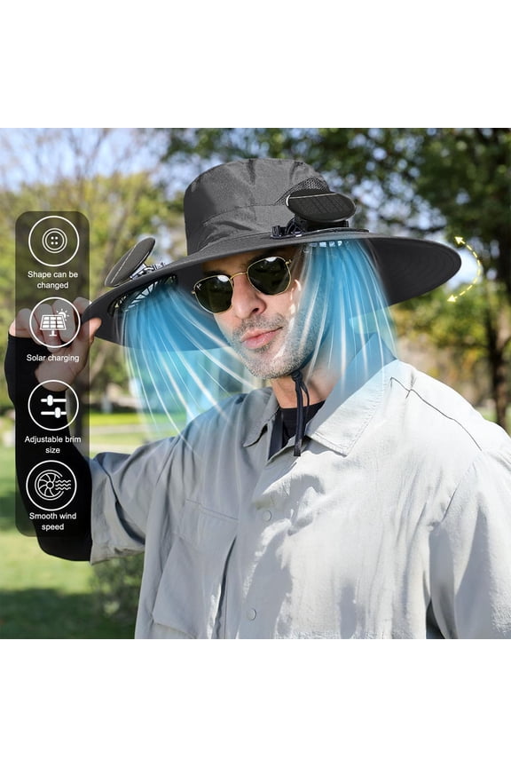 18.9 Inch Extra Wide Brim Solar & USB Dual Rechargeable Dual Fan Sun Hat, Adjustable UV Protection Windproof Outdoor Fishing Hiking Bucket Cap