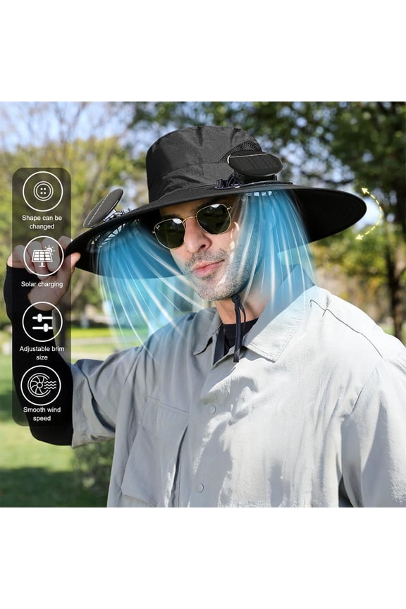 18.9 Inch Extra Wide Brim Solar & USB Dual Rechargeable Dual Fan Sun Hat, Windproof UV Protection Outdoor Fishing Hiking Bucket Cap