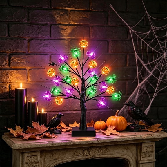 HHJZPR 18in Black Lighted Halloween Tabletop Tree, Battery Operated Mini Spooky Tree with Pumpkin Spider Bat LED Lights, Tiered Tray Mantel Indoor Fall Decor