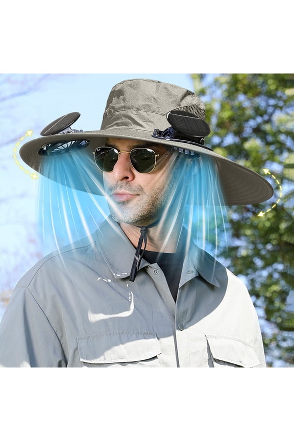 19.68 Inch Extra Wide Brim Solar & USB Dual Rechargeable Dual Fan Sun Hat, Adjustable Breathable UV Protection Outdoor Fishing Hiking Bucket Cap
