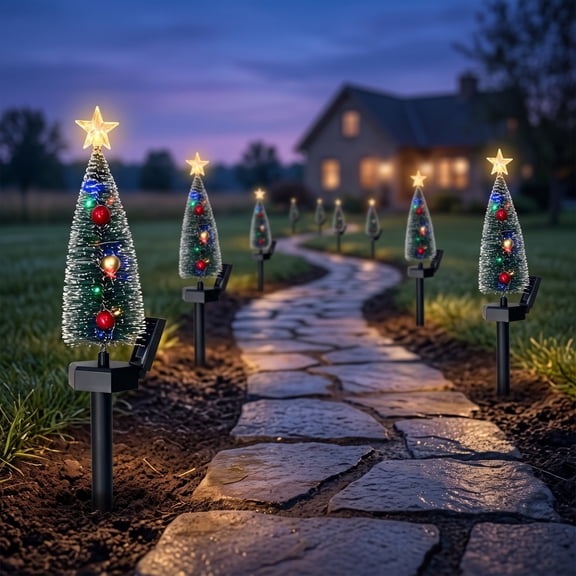 HHJZPR 2 Pack Solar Mini Christmas Tree Pathway Stake Lights, Waterproof LED Bottle Brush Tree Lawn Lamp with Star Topper & Ornaments, Outdoor Yard Walkway Holiday Xmas Decor