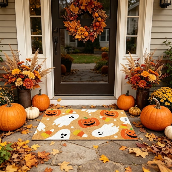 HHJZPR 2 Styles Cute Ghost Pumpkin Coconut Coir Halloween Doormat, Candy Corn Cartoon Printed Front Door Welcome Mat, Non-Slip Rubber Back Weatherproof Entry Rug