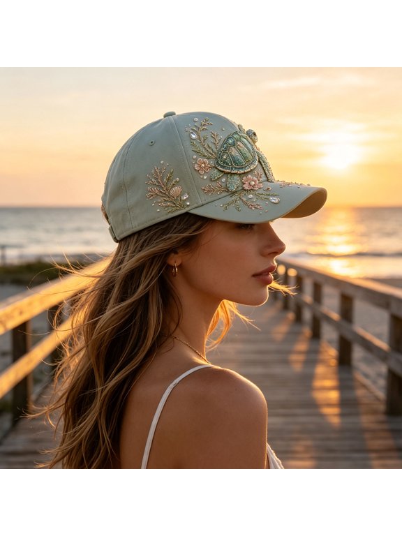 2026 Ocean Creature Baseball Cap, 3D Embroidered Marine Animal Trucker Hat, Adjustable Rhinestone Floral Beach Hat for Women