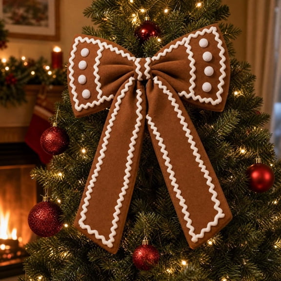 HHJZPR 24.02in Large Gingerbread Christmas Bow Ornament, White Icing Trim Faux Cookie Bow for Xmas Wreath Tree Mantel Holiday Decor