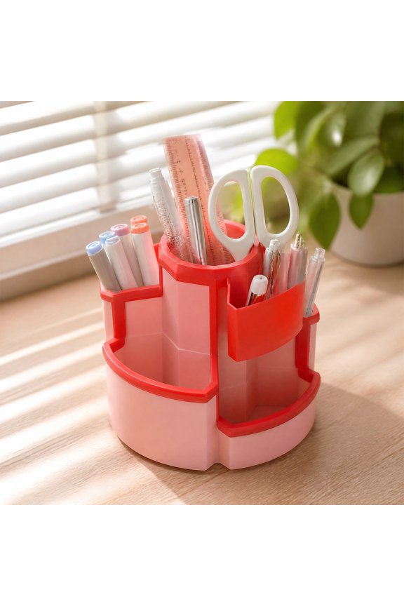 360 Degree Rotating Two-Tone Multi-Grid Pen Holder, Divided Plastic Desktop Organizer Caddy, Dual Use Storage Bucket for Student