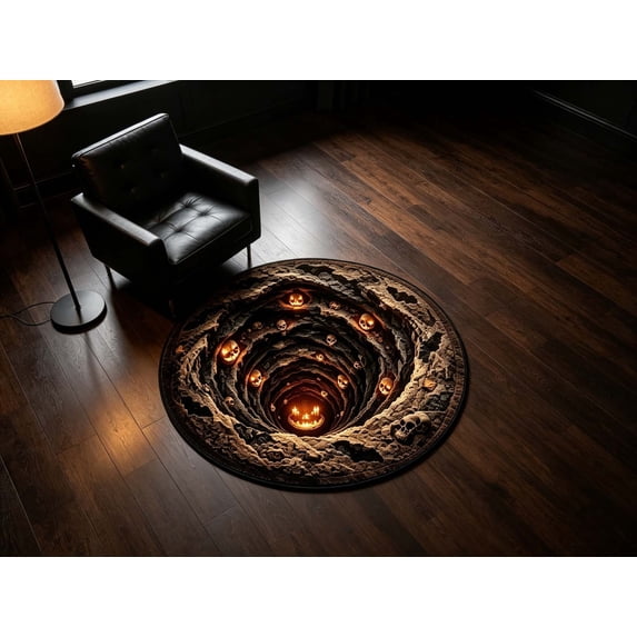 HHJZPR 3D Optical Illusion Halloween Round Rug, 31.5‑Inch Spooky Visual Effect Floor Mat, Non‑Slip Easy‑Care Carpet for Living Room Party Decor