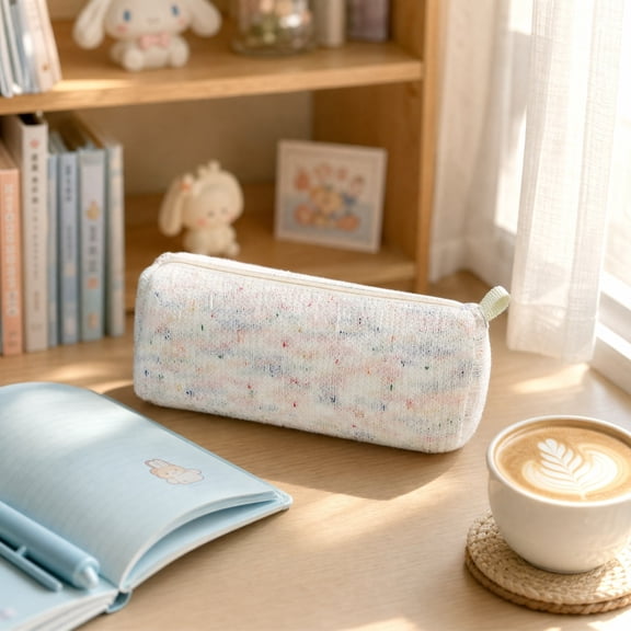HHJZPR 4 Pastel Rainbow Heather Knit Pencil Case, Soft Fuzzy Striped Knitted Stationery Storage Pouch, Multi-Purpose Mini Cosmetic Makeup Clutch Bag